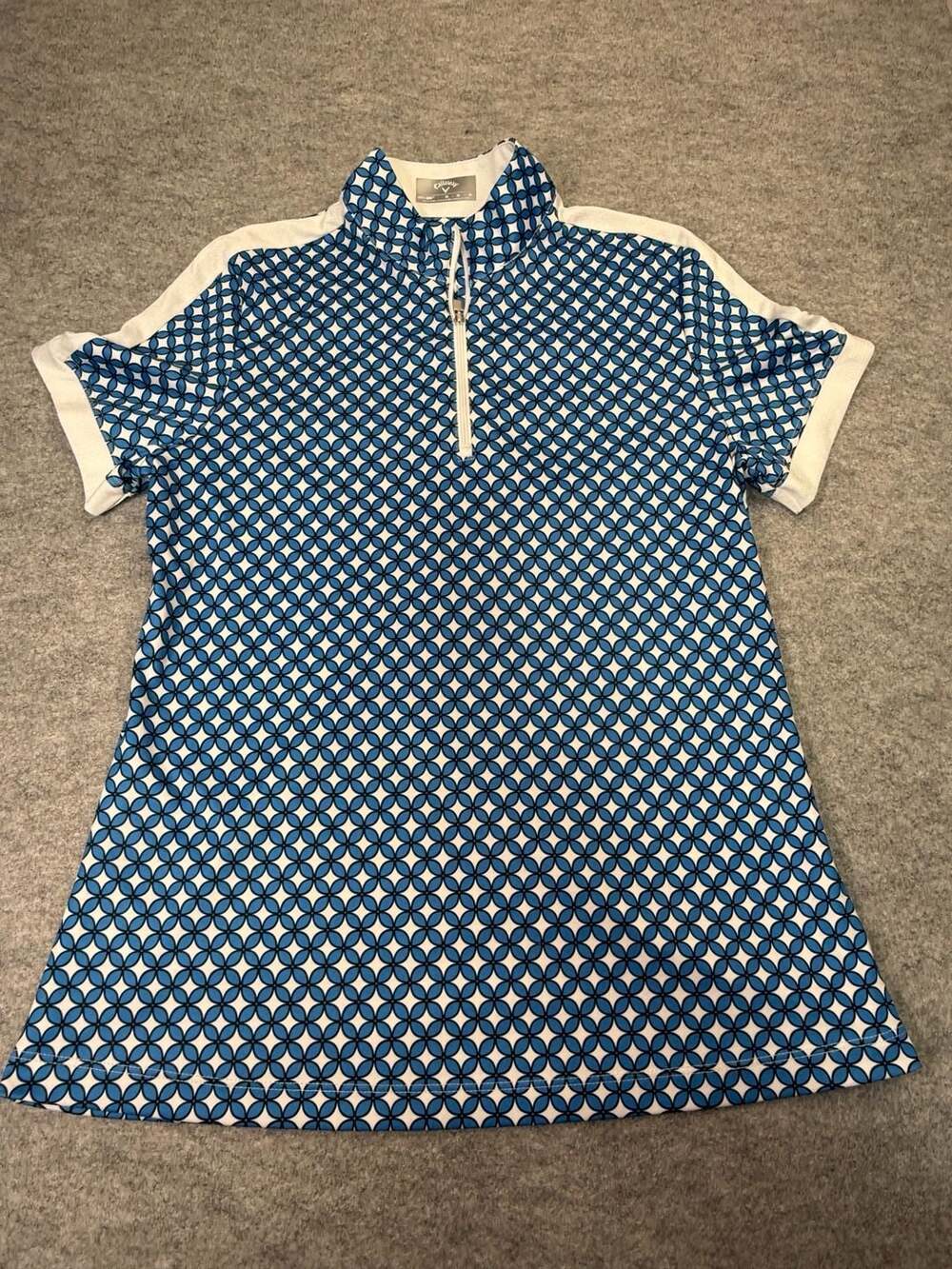 Callaway Opti-Dri Blue White Geometric Print Short Sleeve 1/4 Zip Golf Shirt